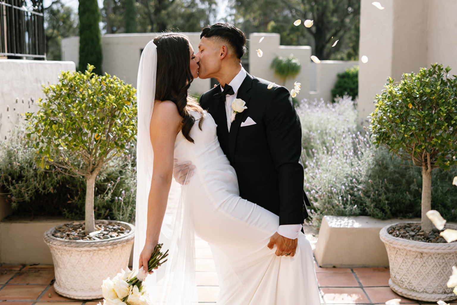 Groom kissing the bride beside potted olive trees at Tower Lodge