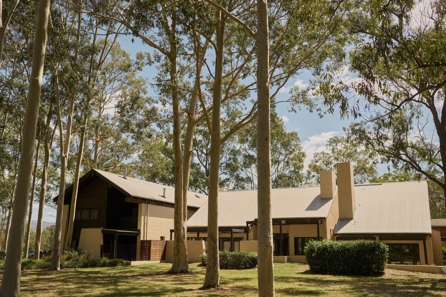 Tower Lodge nestled among tall gum trees in Pokolbin