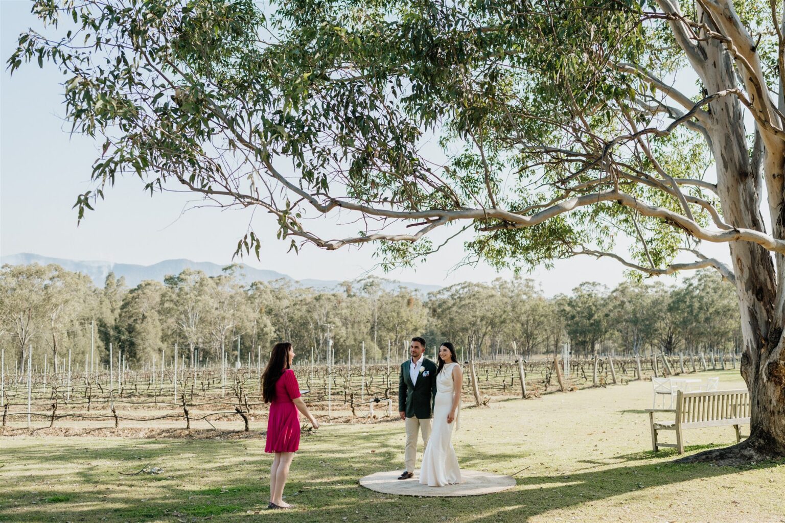 Celebrant leading a ceremony under the gums at Spicers Vineyards Estate
