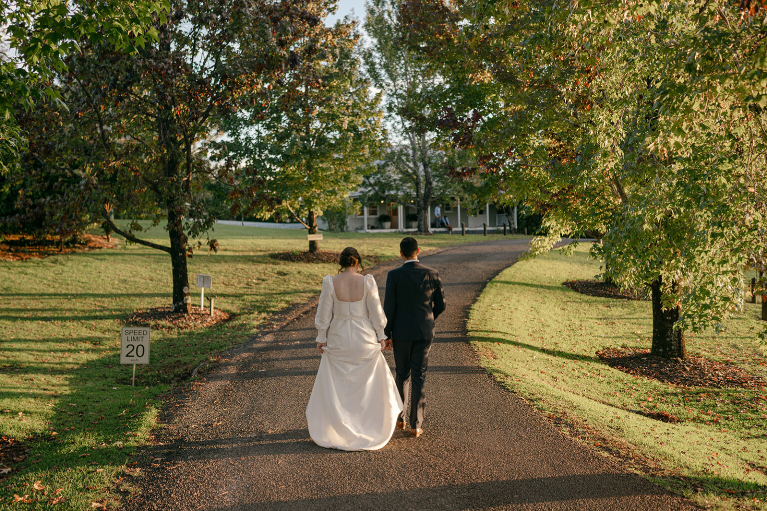 Couple walking along the tree-lined drive at Spicers Clovelly Estate