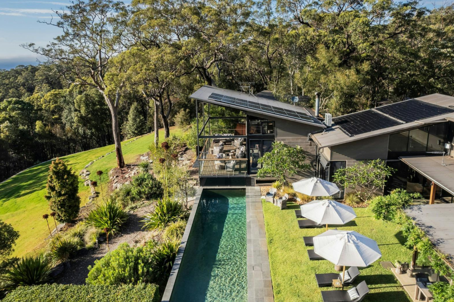 Aerial view of the lap pool and lawn at Spicers Sangoma Retreat