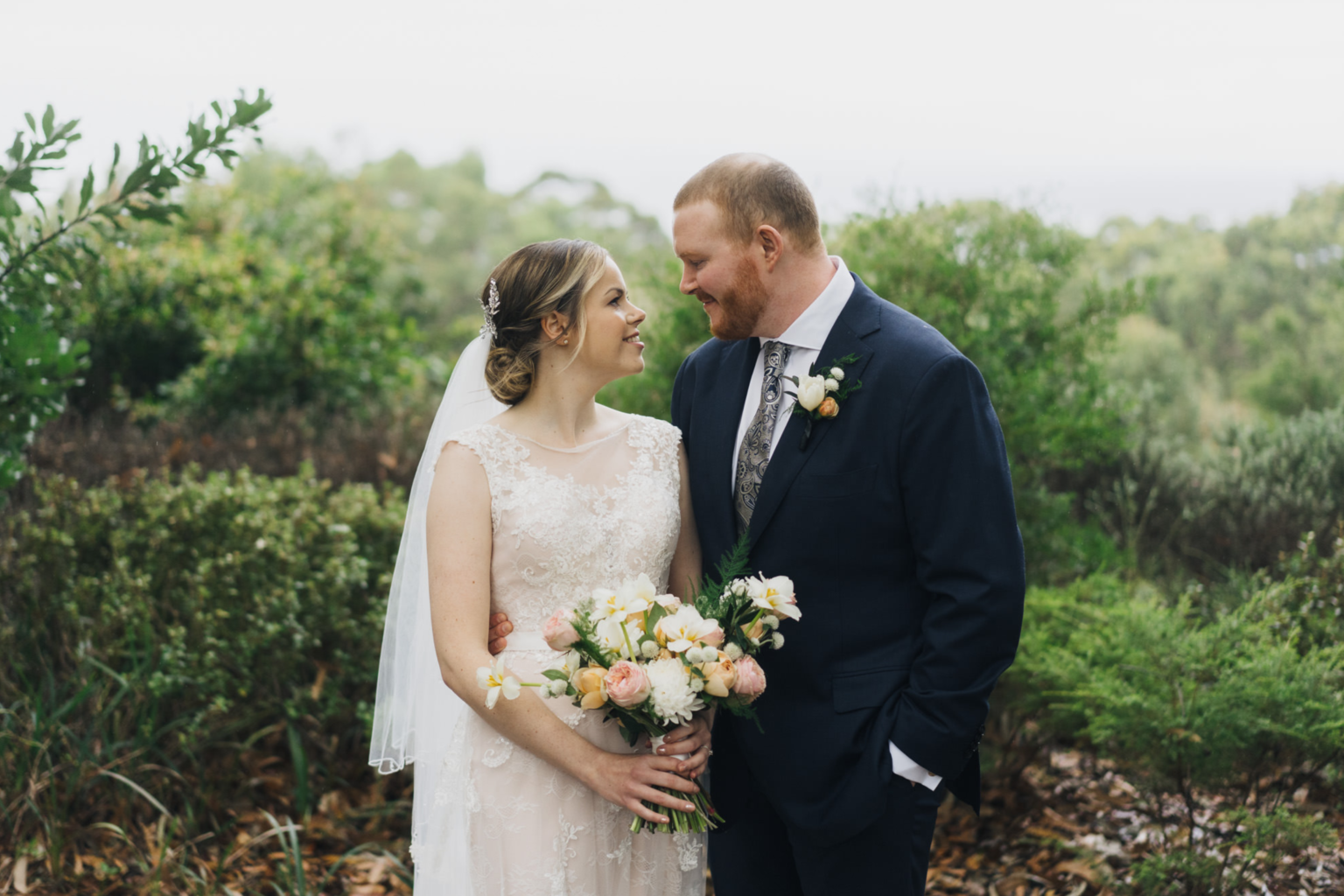 Bride and groom among native gardens at Spicers Sangoma Retreat