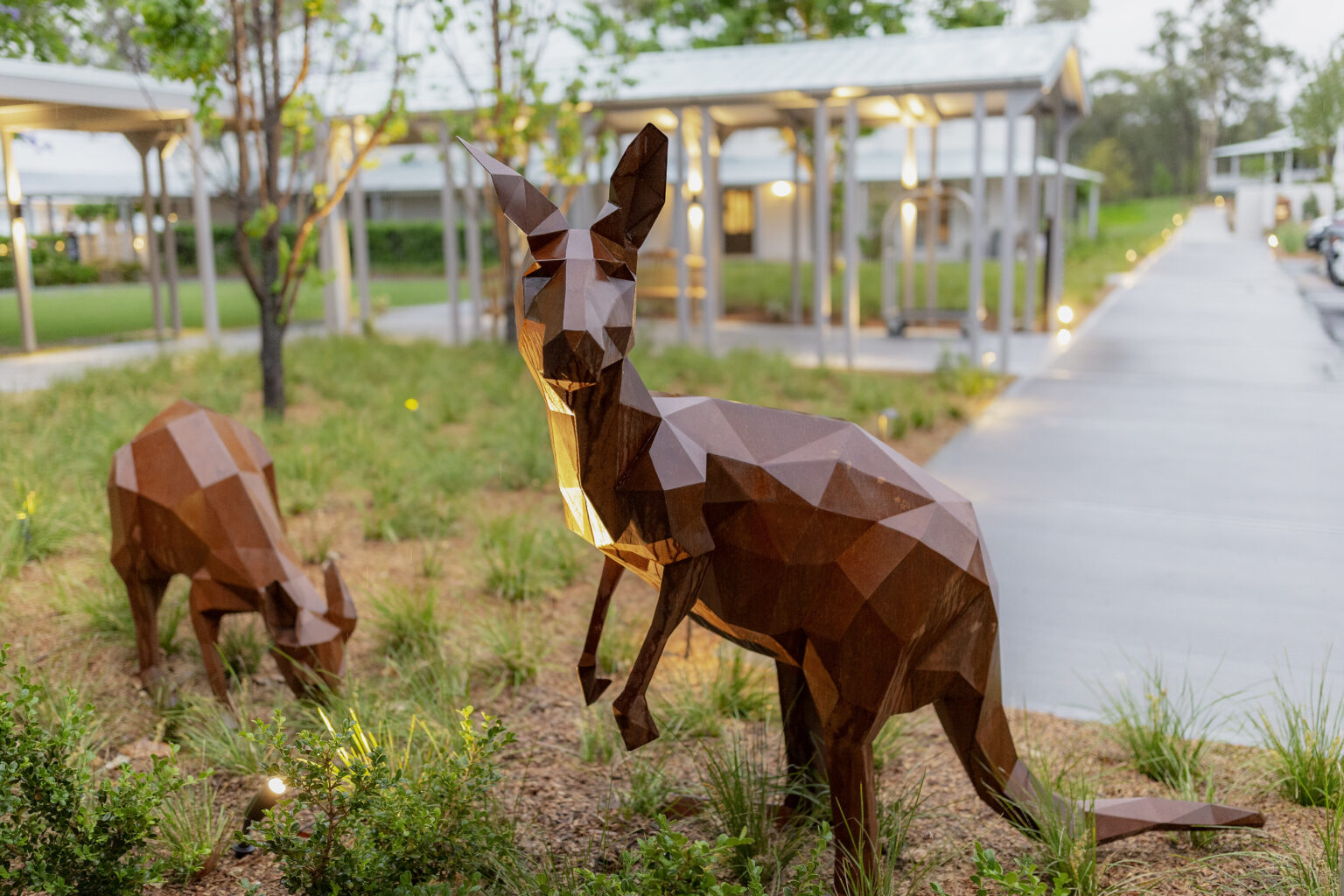 Steel kangaroo sculptures in the gardens at Spicers Guesthouse