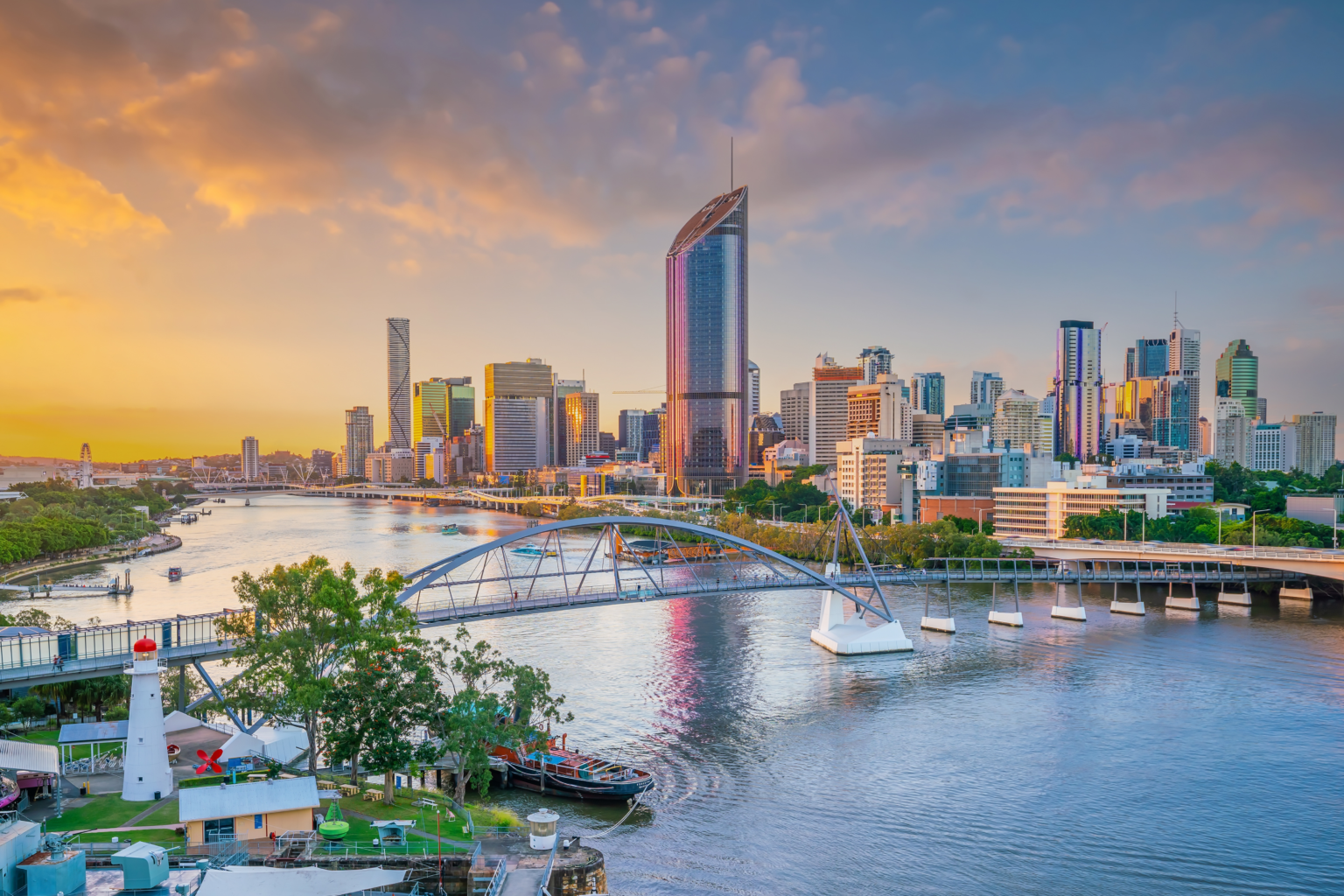 Brisbane River and city skyline at golden hour
