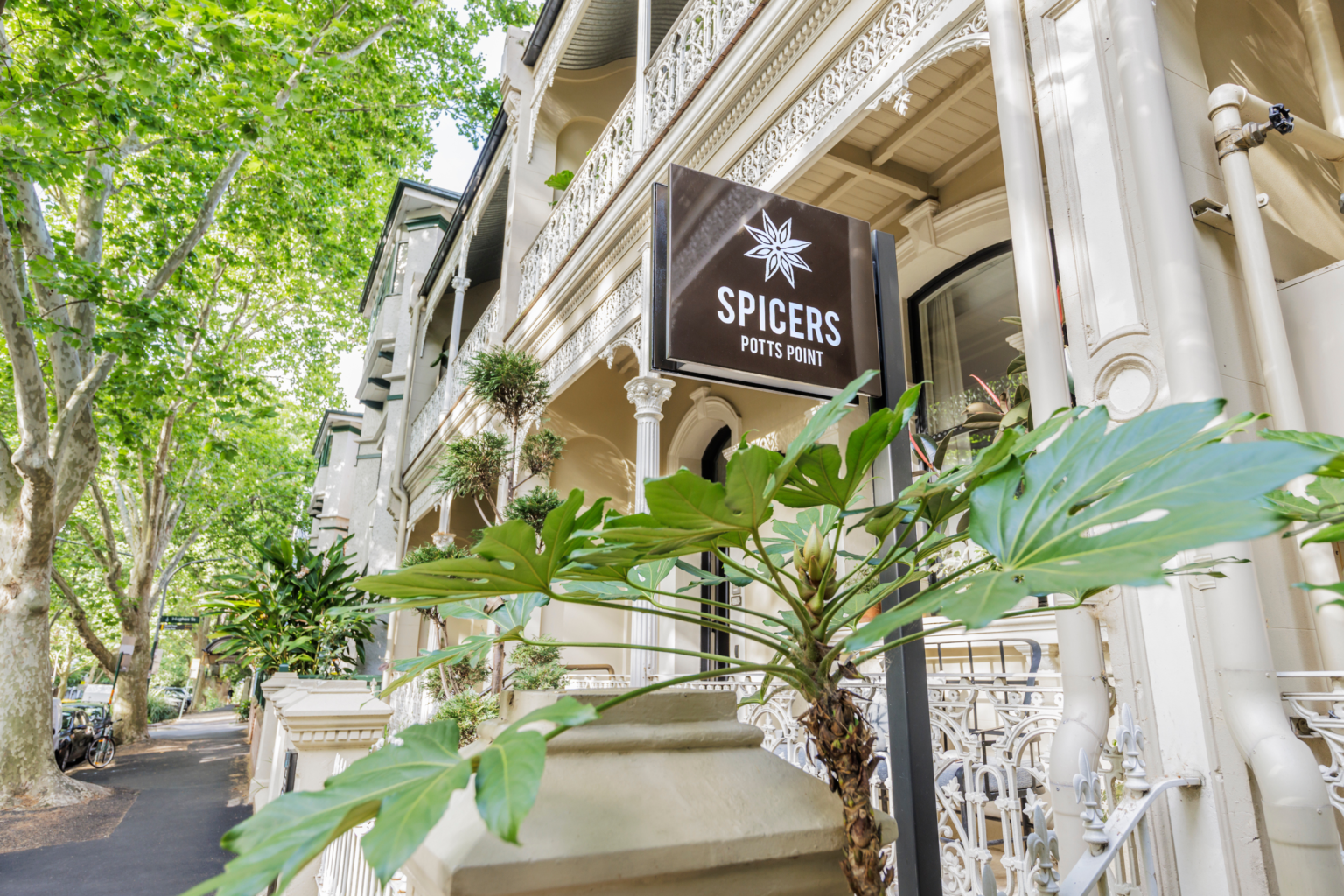 Leafy street entrance of Spicers Potts Point, Sydney
