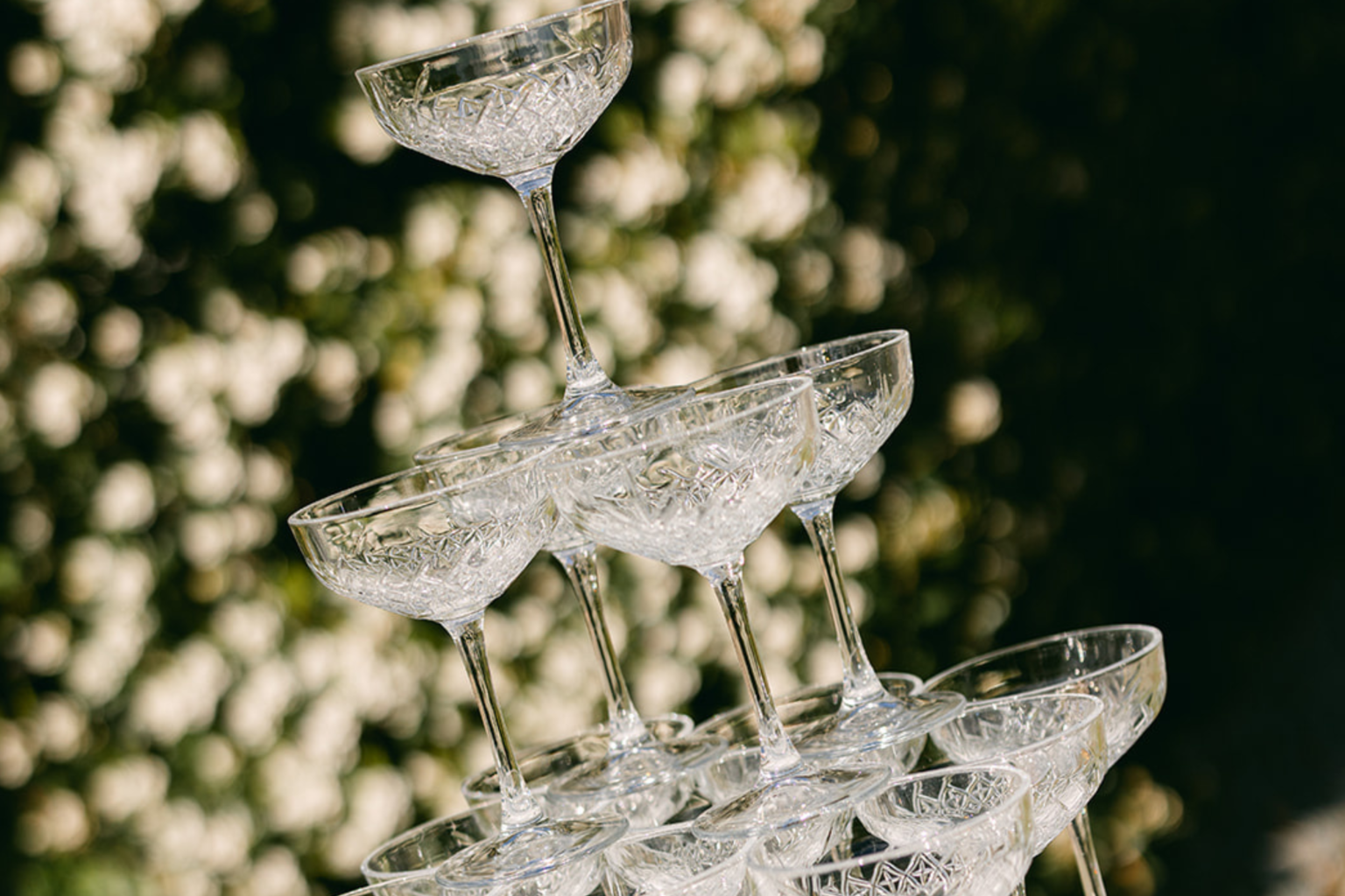 Champagne coupe tower against a flowering hedge