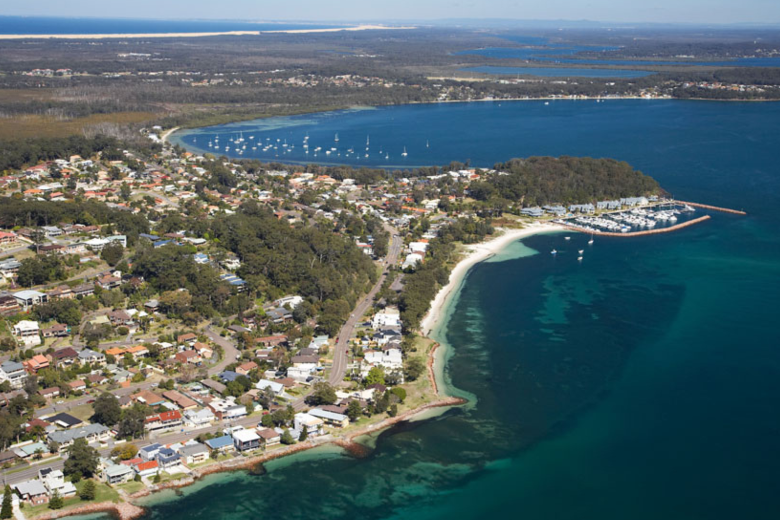 Aerial view of Soldiers Point and the Port Stephens coastline