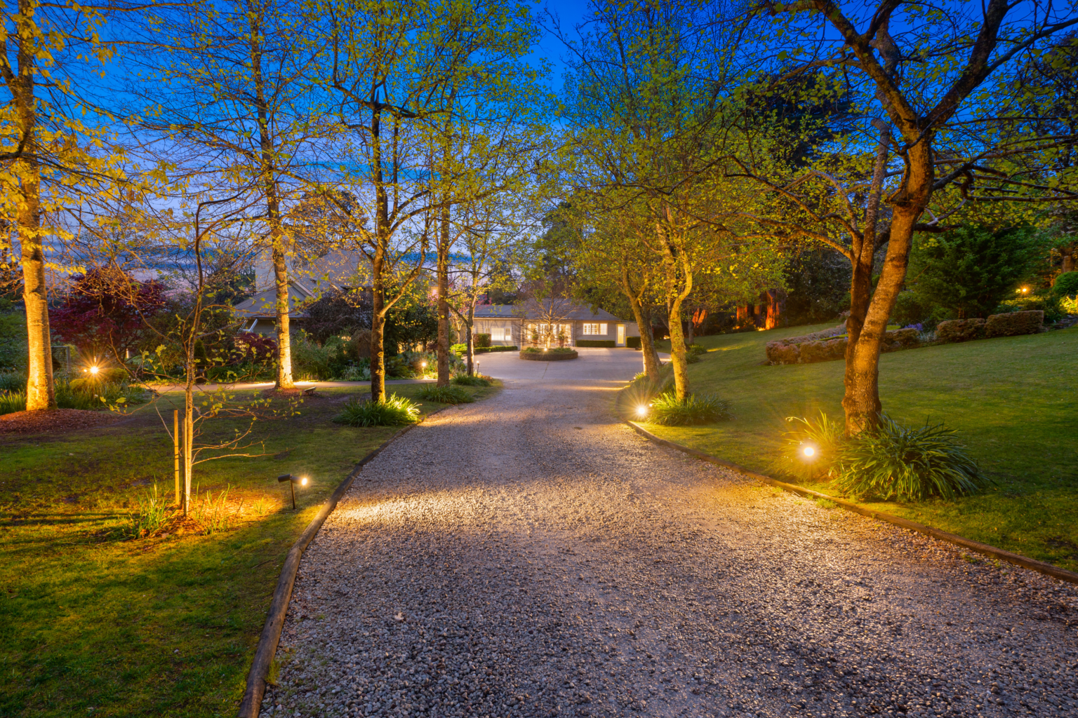 Lantern-lit driveway through the gardens at Parklands at dusk