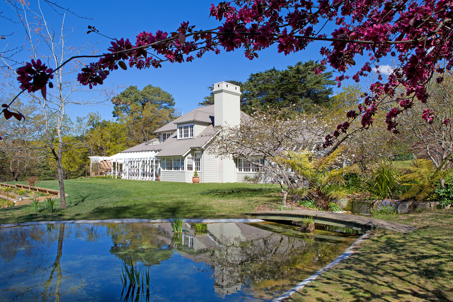 Parklands homestead and reflection pool framed by blossom trees