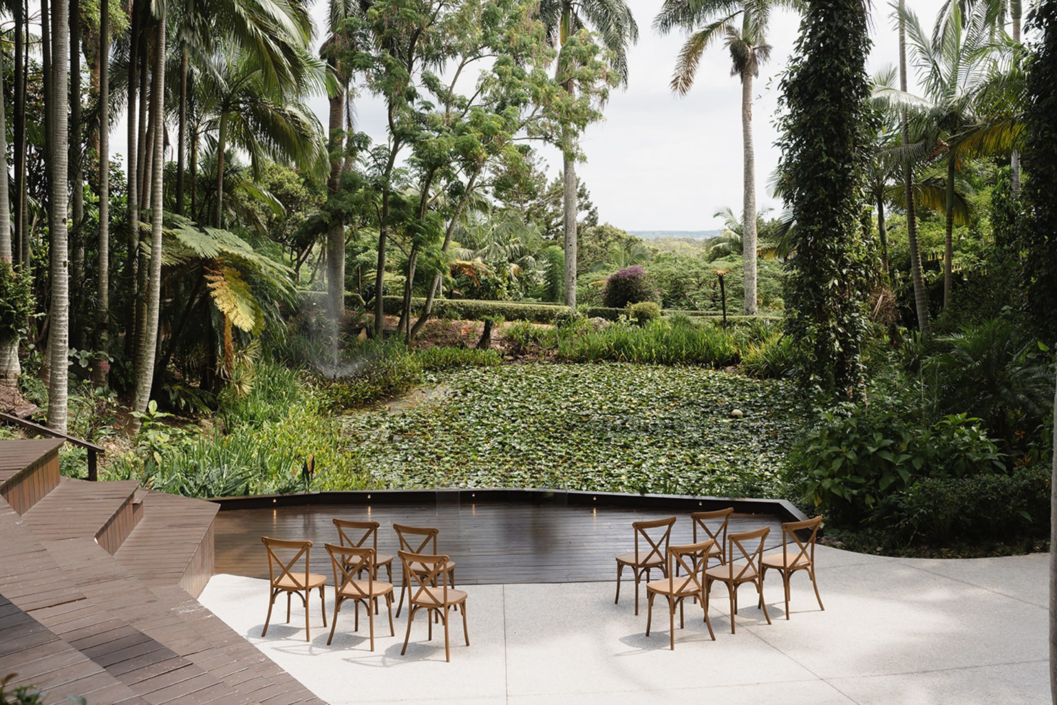 Amphitheatre Lake Deck ceremony setting at Rainforest Gardens