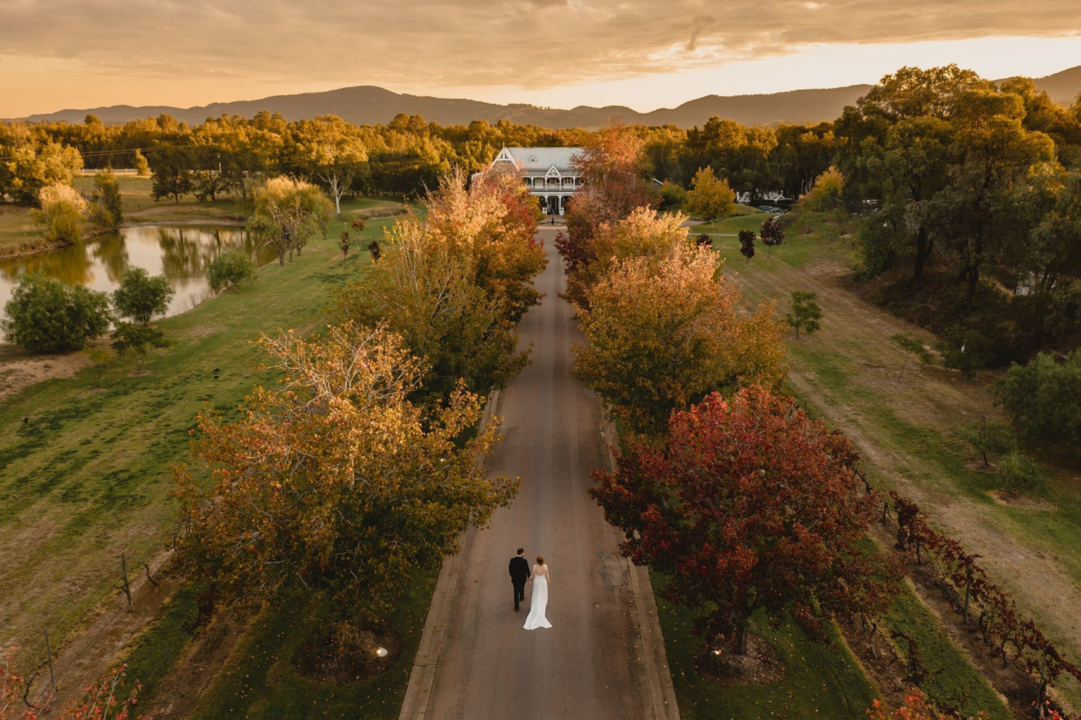 Aerial view of a couple on the tree-lined drive at The Convent at sunset