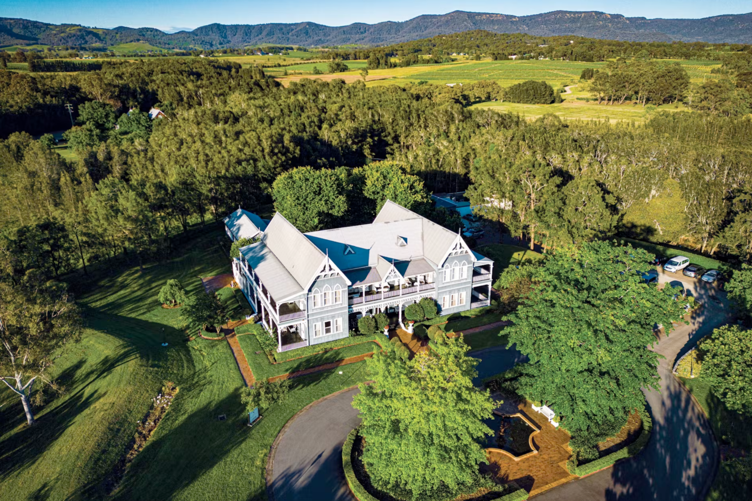 Aerial view of The Convent among the Hunter Valley hills