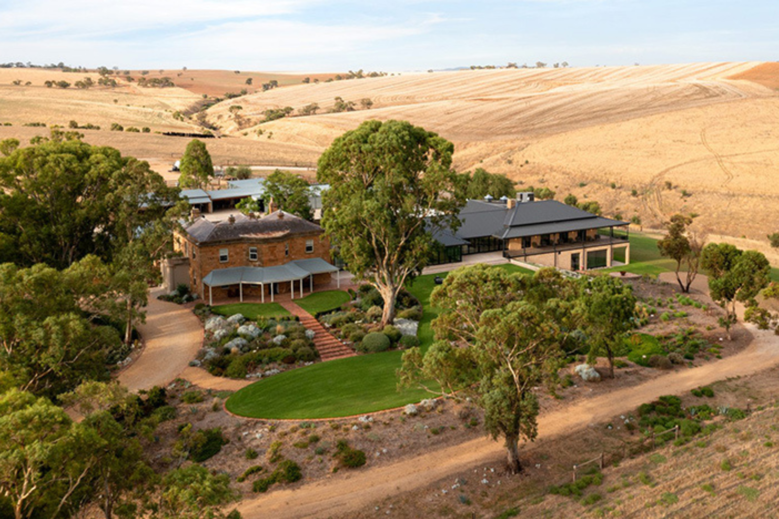 Aerial view of Kingsford The Barossa among rolling golden hills