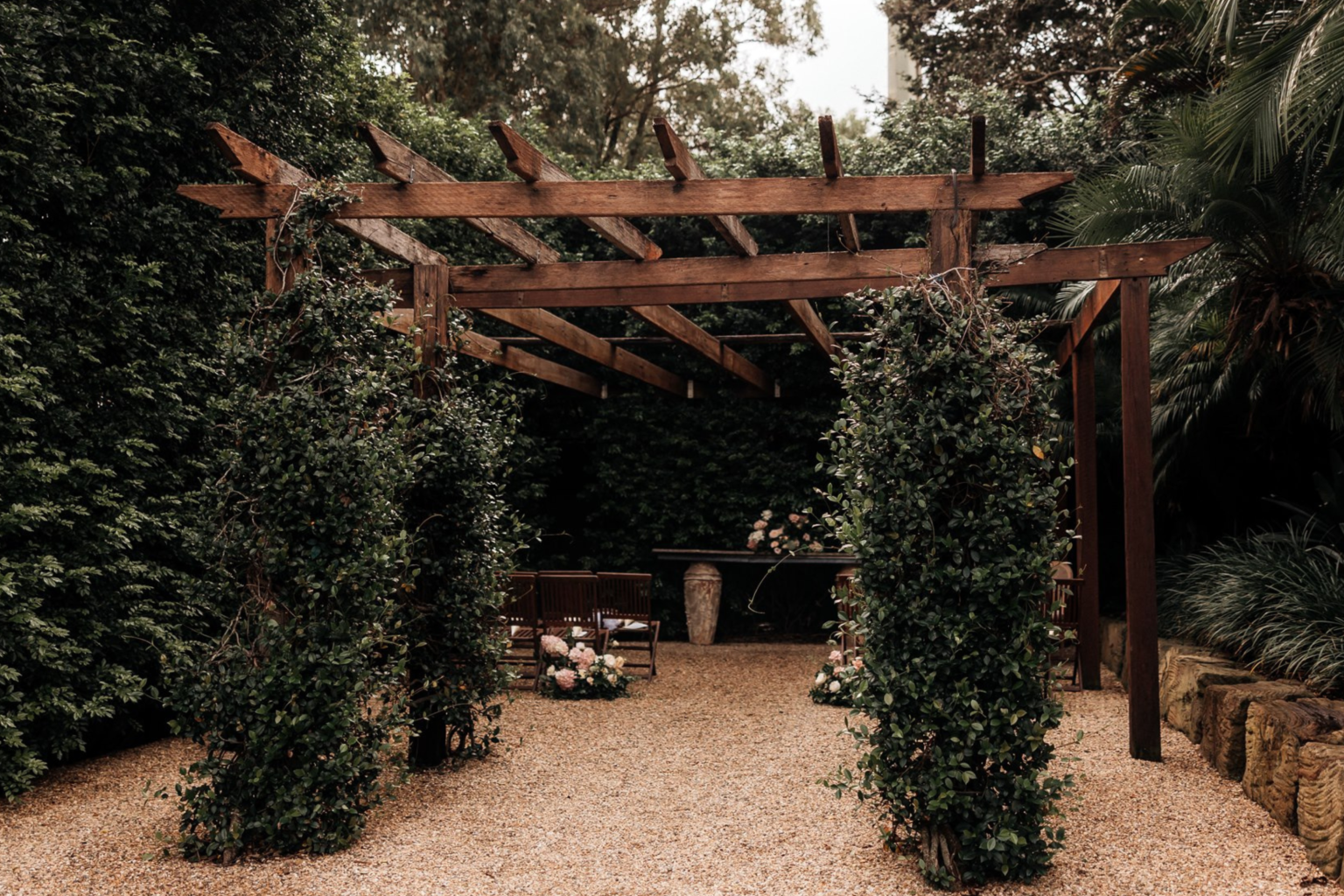 Timber pergola in the Courtyard Garden at Hillstone St Lucia