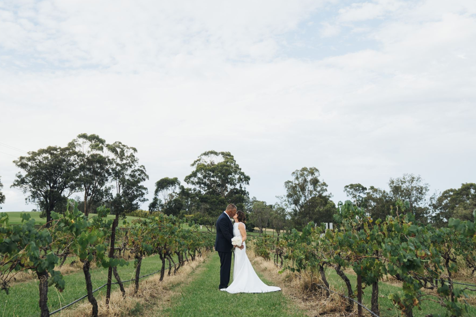 Couple kissing among the vines at Peppers Creek