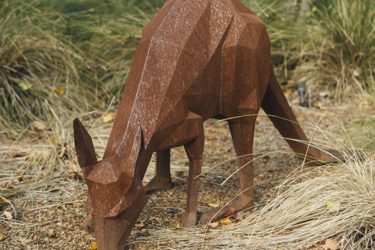 Steel sculpture of a grazing kangaroo in the gardens