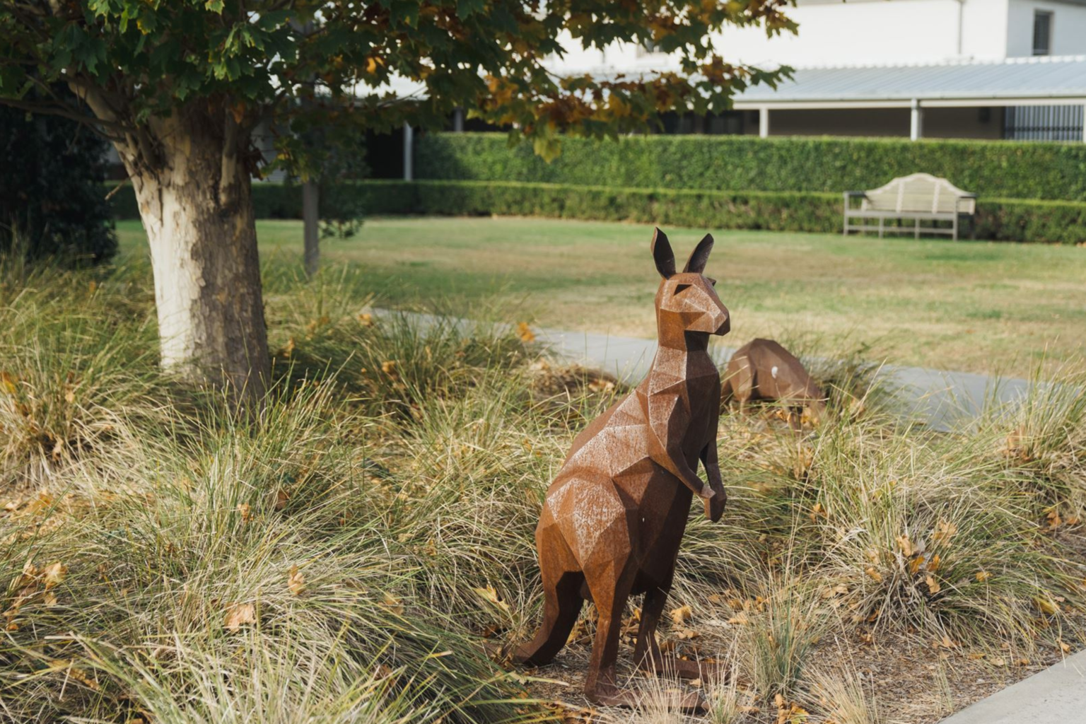 Steel kangaroo sculpture in the native garden at Spicers Guesthouse