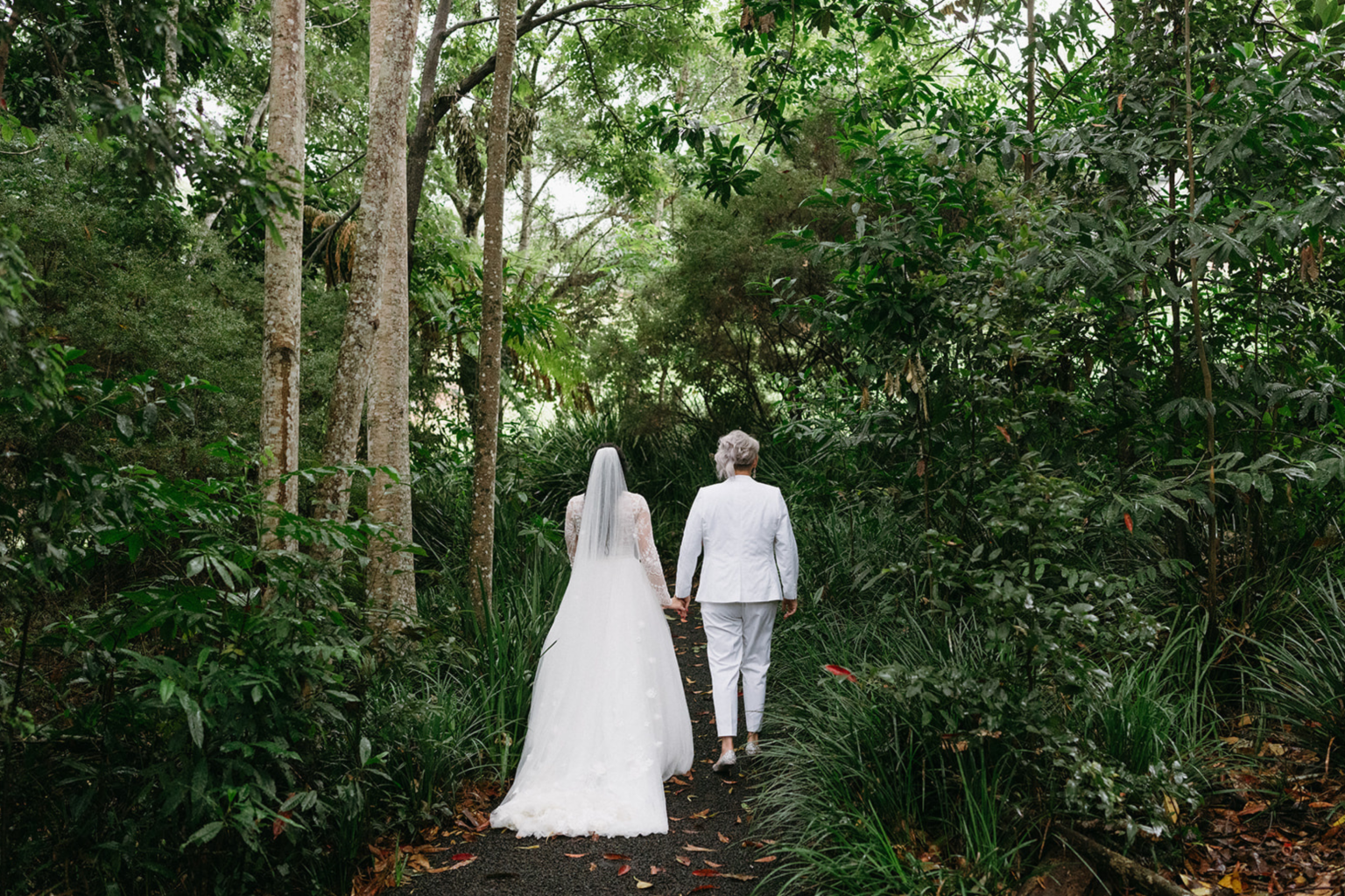 Couple walking hand in hand along a rainforest track