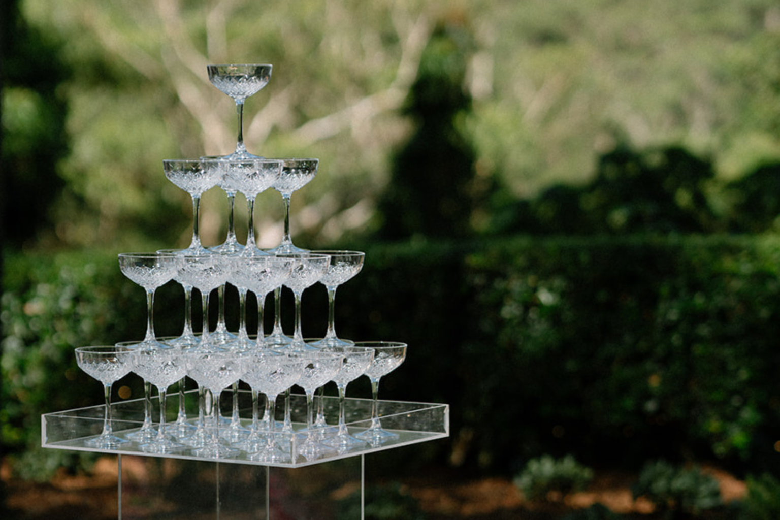 Champagne coupe tower set in the garden