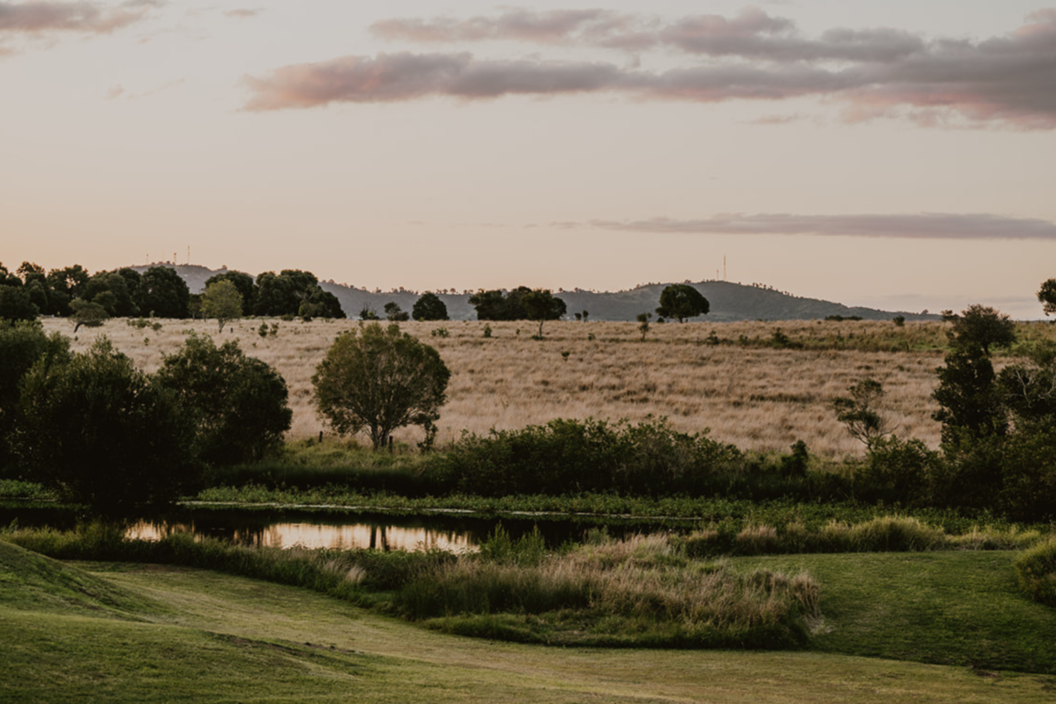 Dam and paddocks at dusk at Twigley Farm
